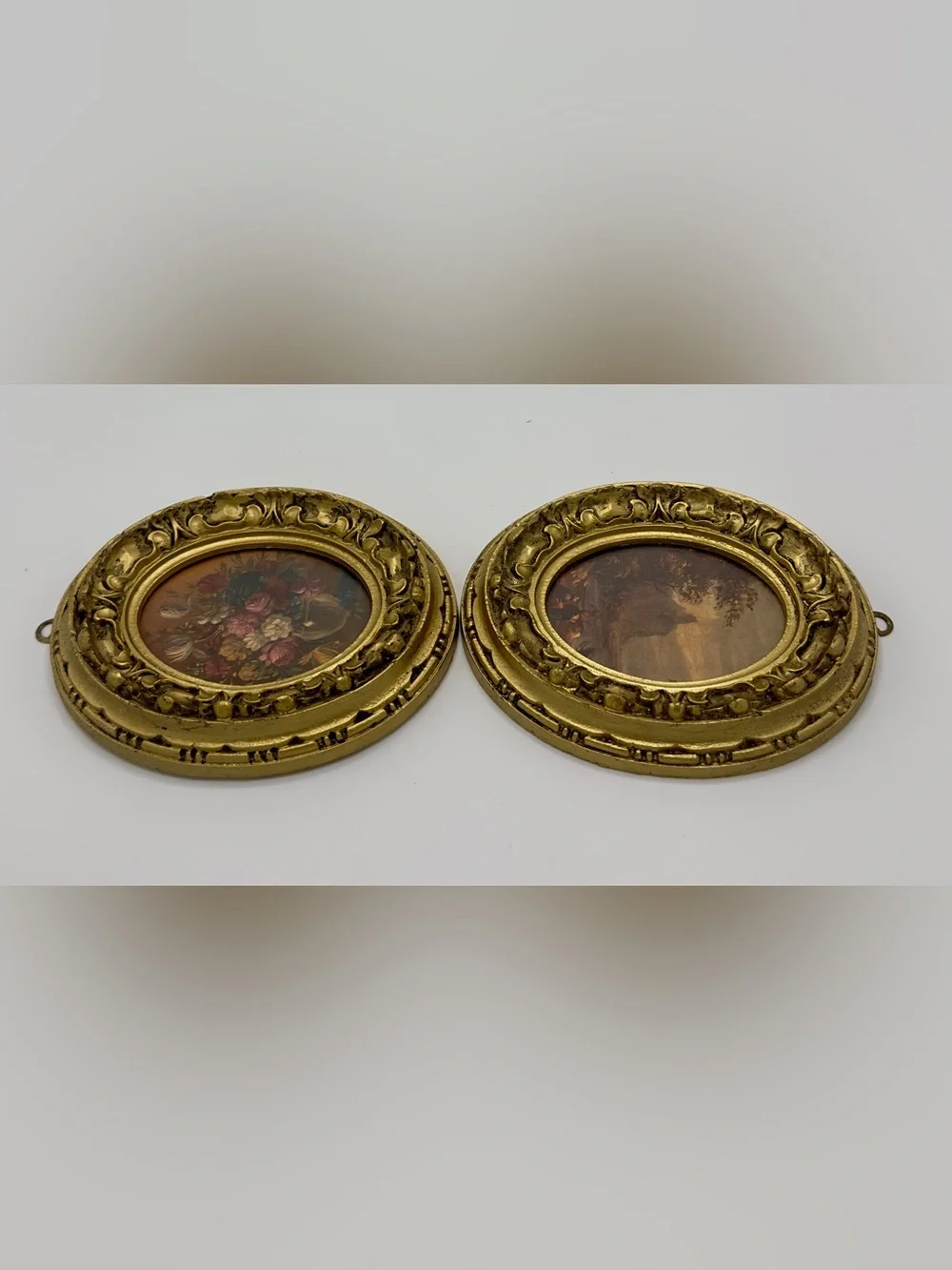 Vintage Pair Oval Gold Framed Wall Art Floral & Scenic Made in Italy
